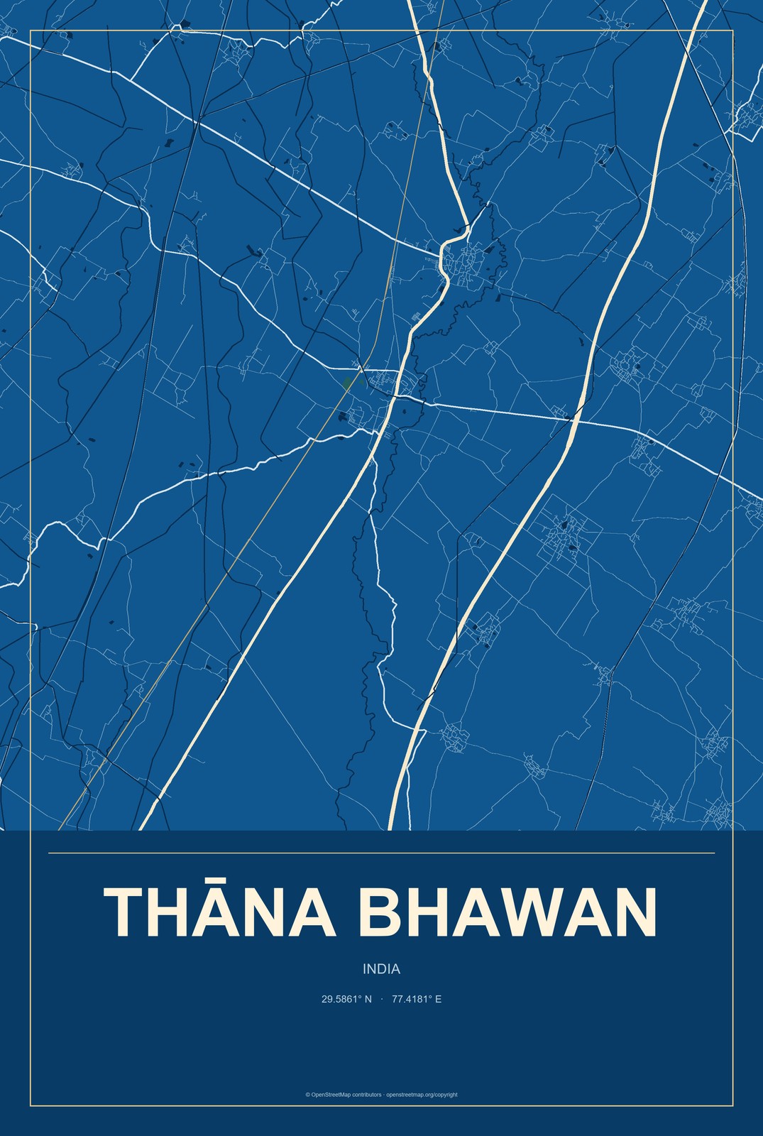 Thāna Bhawan, India City Map Aluminum Sign in Harbor Cobalt style