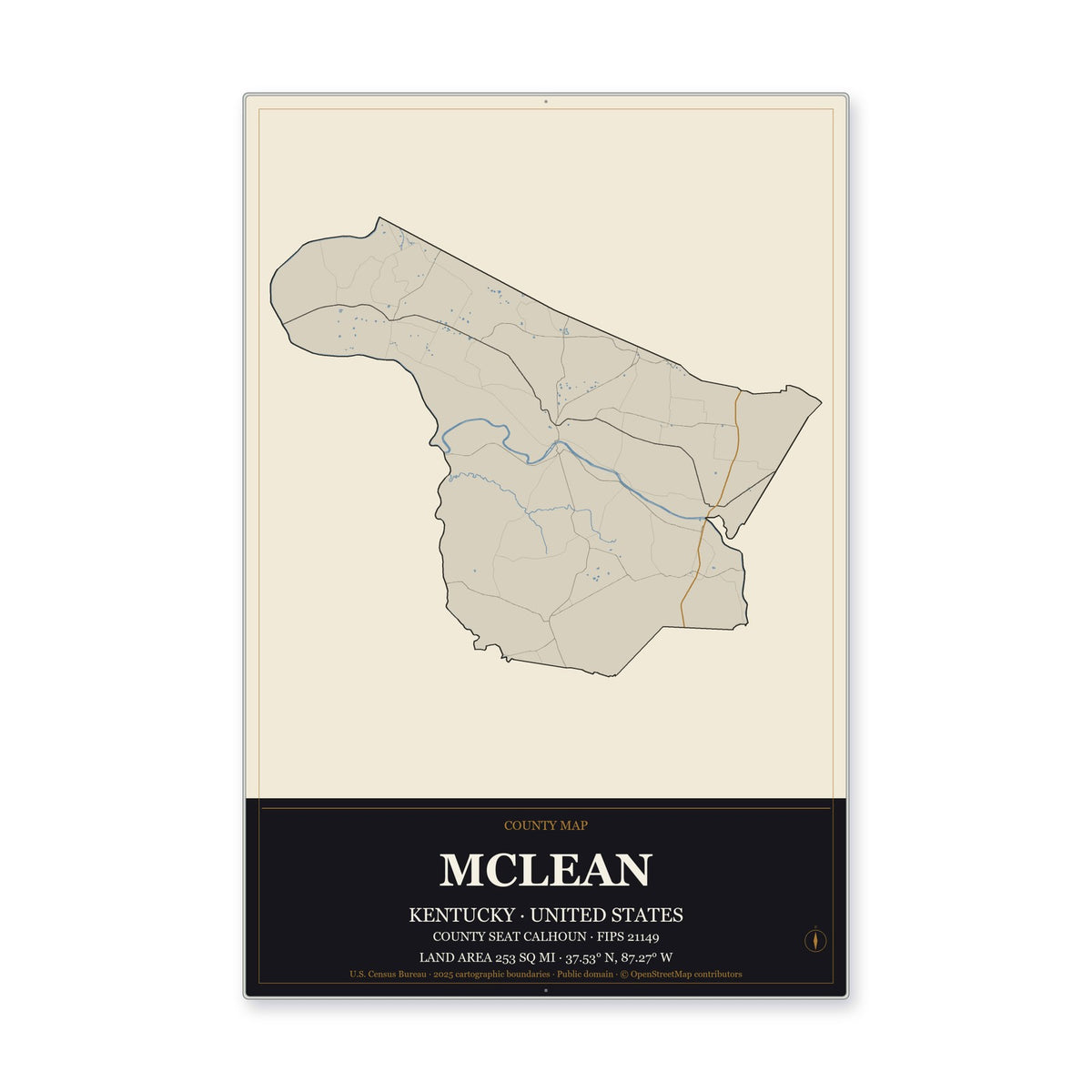 McLean County, Kentucky Map Aluminum Sign in Museum Plaque style