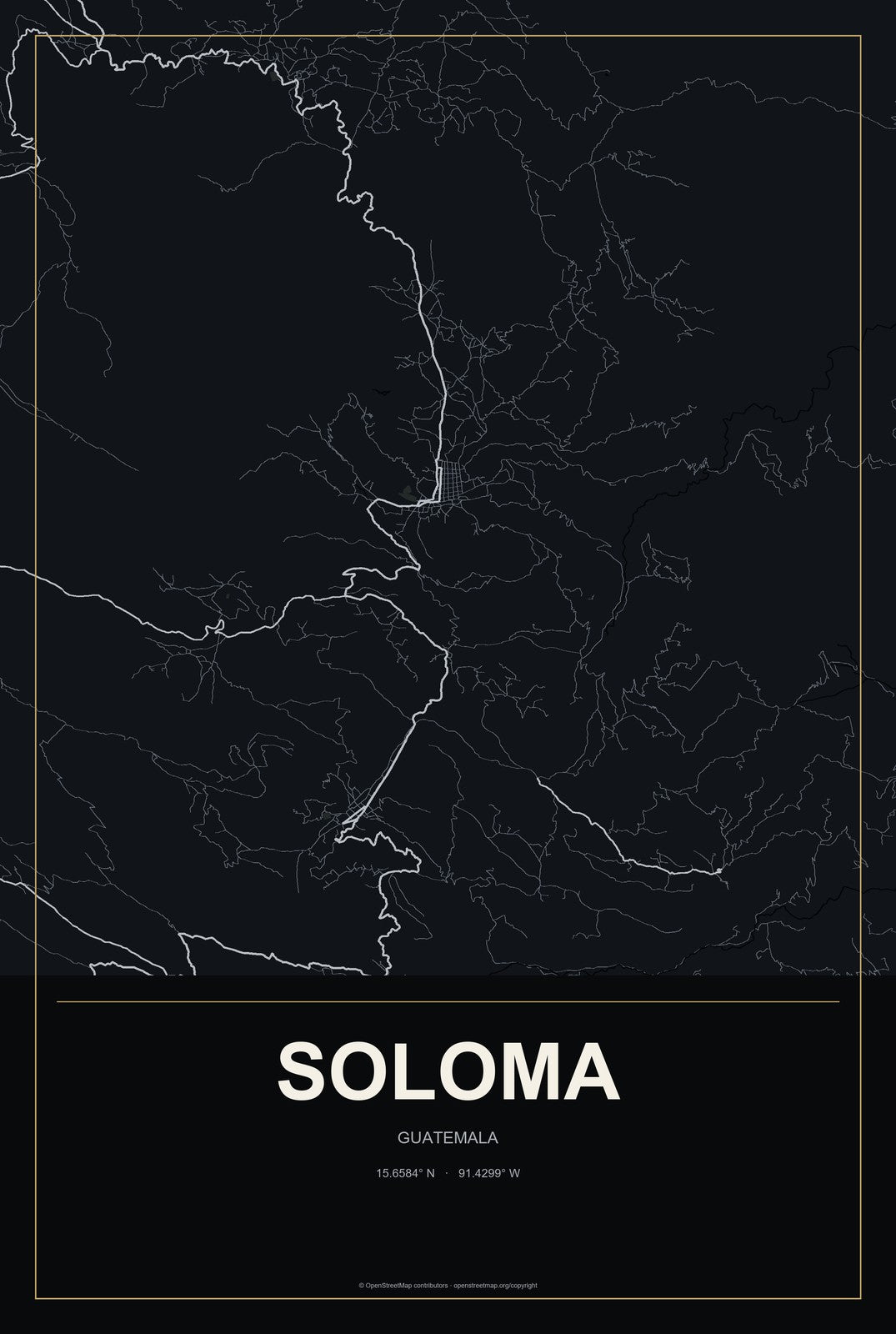 Soloma, Guatemala City Map Aluminum Sign in Metropolitan Noir style