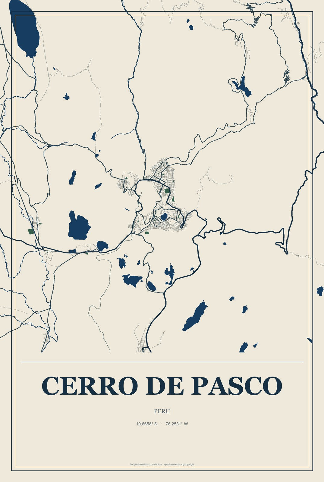 Cerro de Pasco, Peru City Map Aluminum Sign in Coastal Cutout style