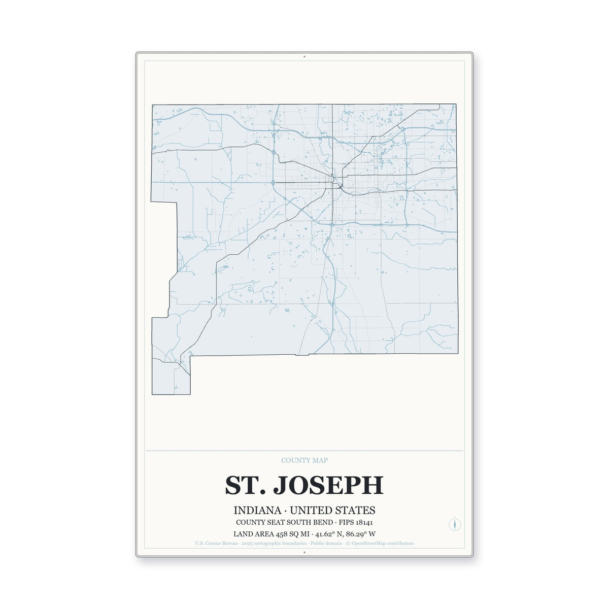 St. Joseph County, Indiana Map Aluminum Sign in Gallery Air style
