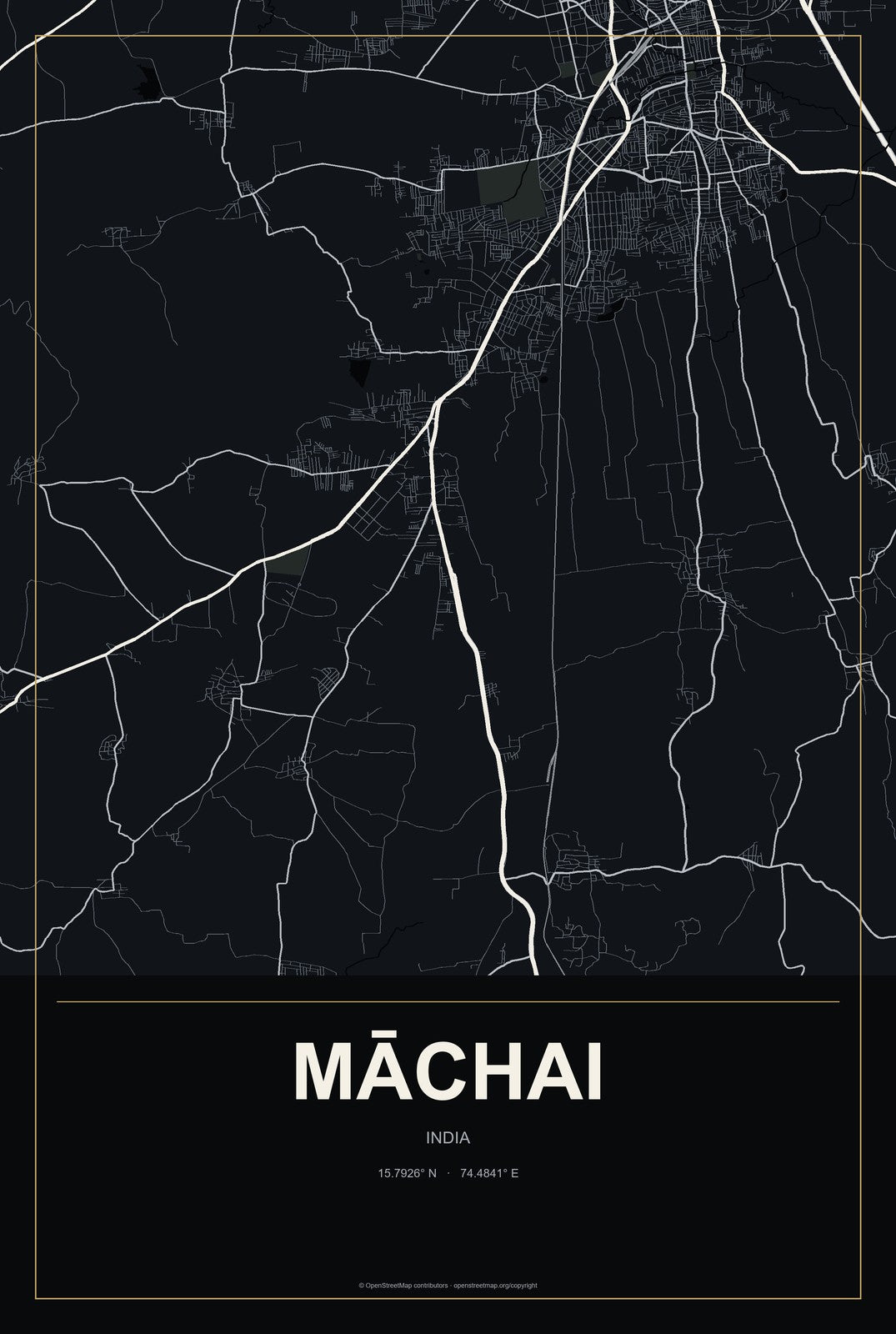 Māchai, India City Map Aluminum Sign in Metropolitan Noir style