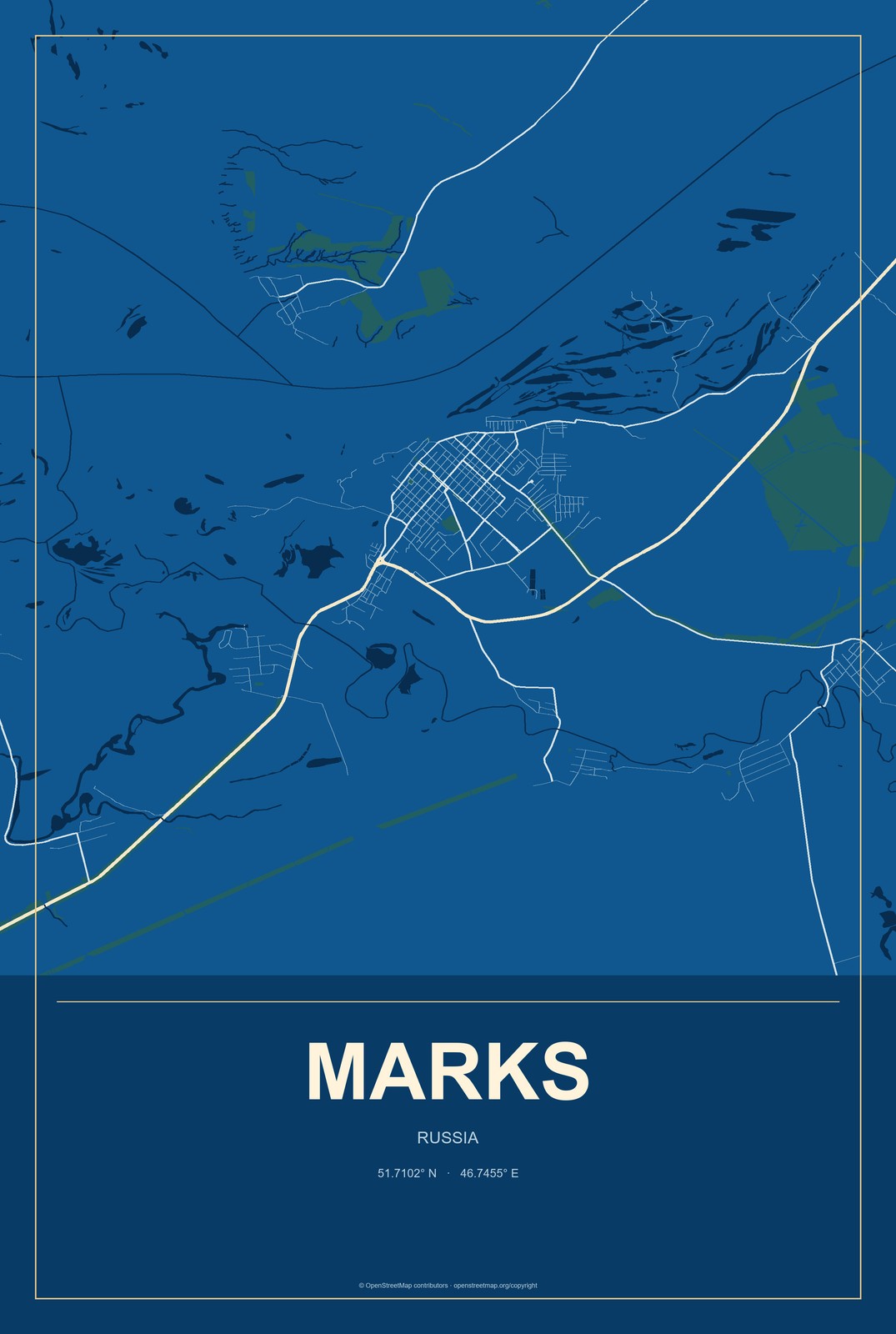 Marks, Russia City Map Aluminum Sign in Harbor Cobalt style