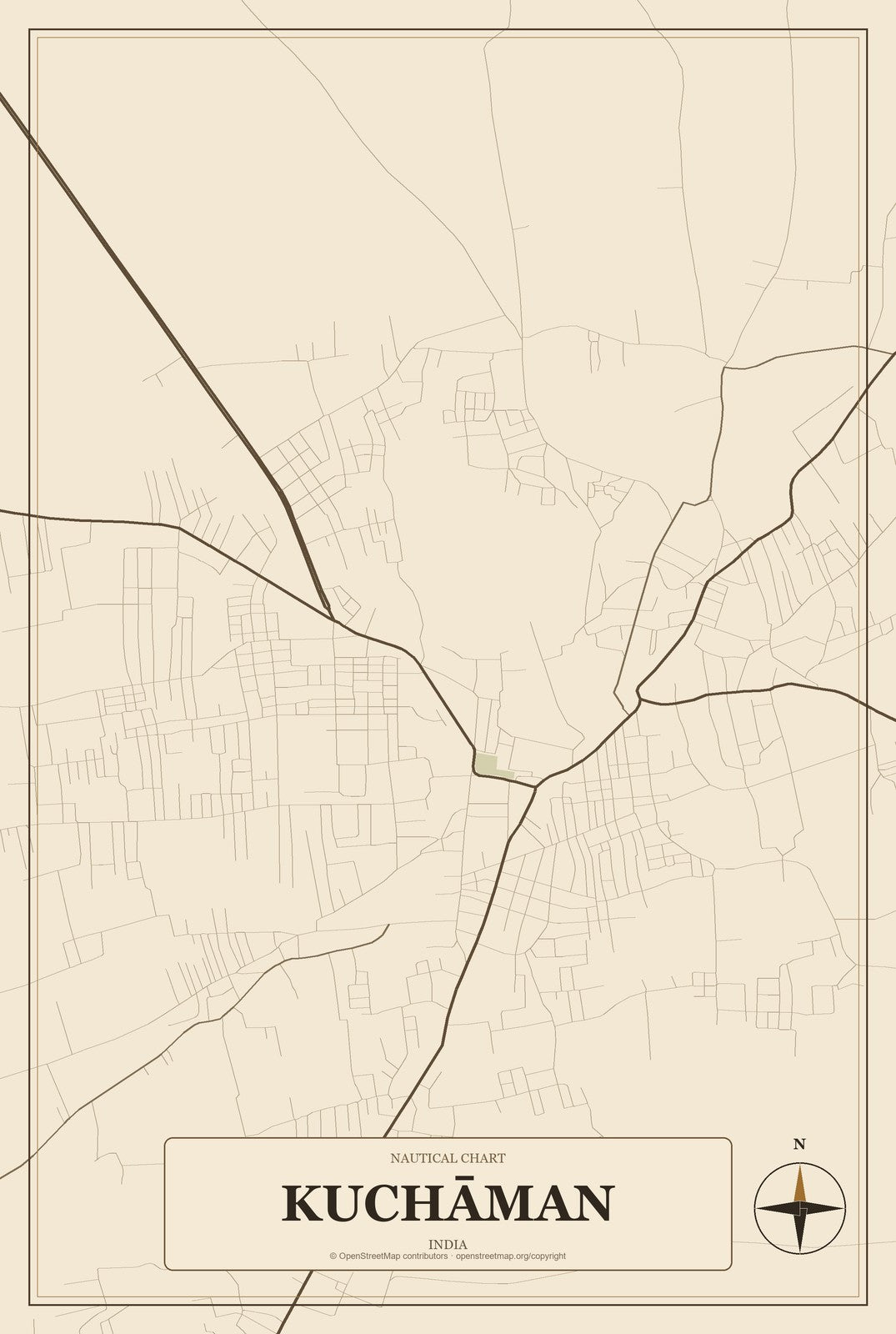 Kuchāman, India City Map Aluminum Sign in Heritage Nautical style