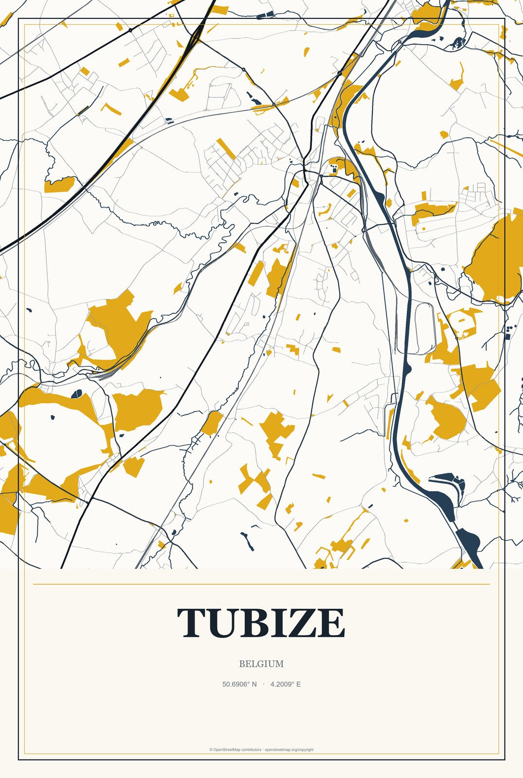 Tubize, Belgium City Map Aluminum Sign in Citrine Modern style
