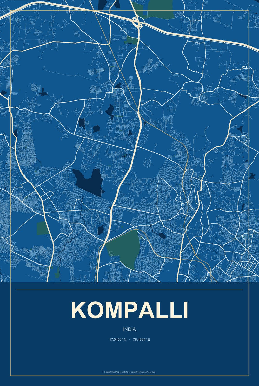 Kompalli, India City Map Aluminum Sign in Harbor Cobalt style