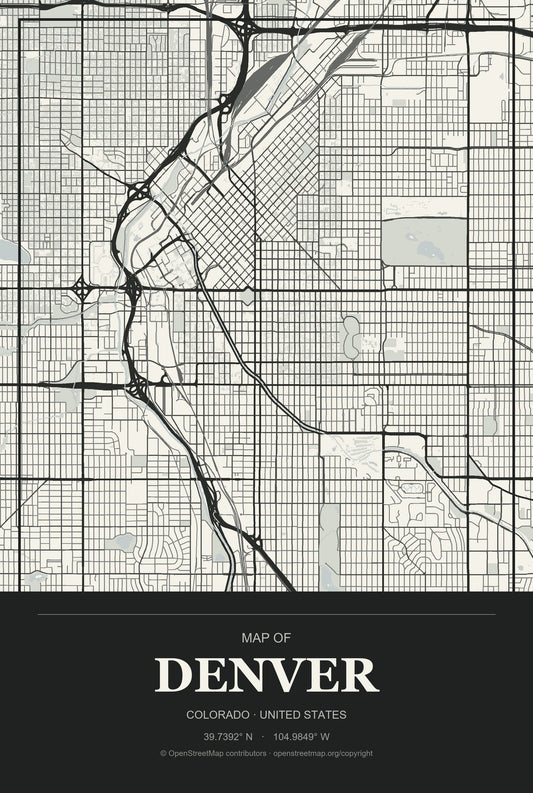 Denver, Colorado City Map Aluminum Sign in Museum Plaque style