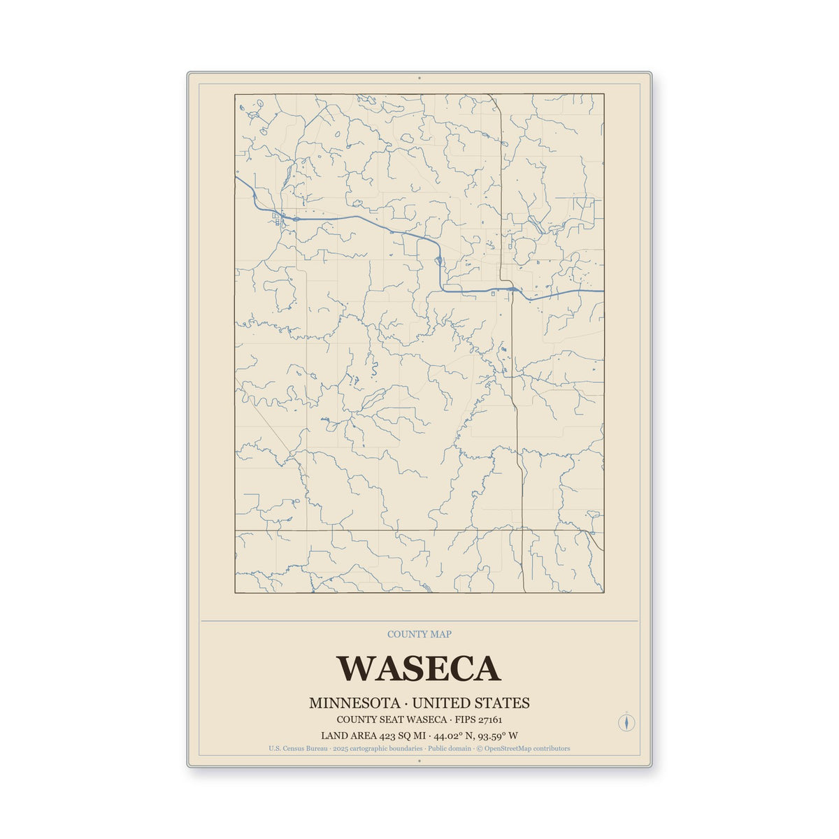 Waseca County, Minnesota Map Aluminum Sign in Heritage Nautical style