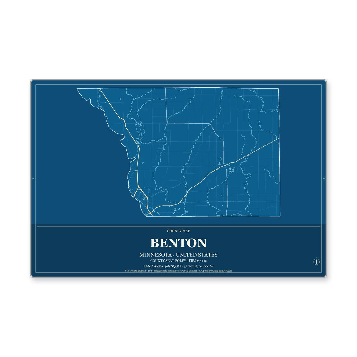 Benton County, Minnesota Map Aluminum Sign in Harbor Cobalt style