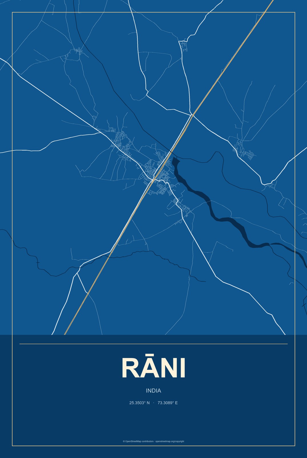 Rāni, India City Map Aluminum Sign in Harbor Cobalt style