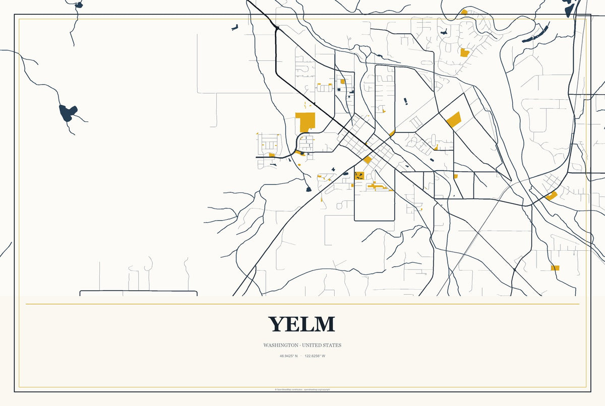 Yelm, Washington City Map Aluminum Sign in Citrine Modern style