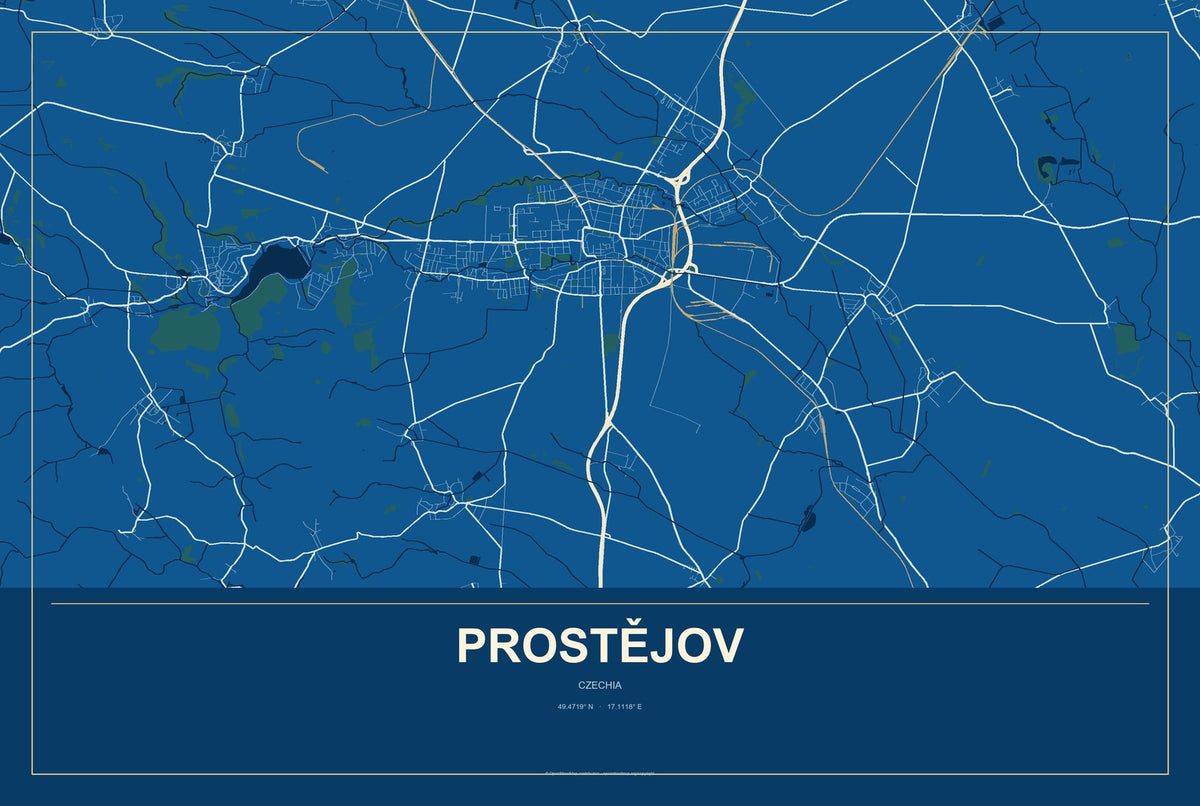 Prostějov, Czechia City Map Aluminum Sign in Harbor Cobalt style