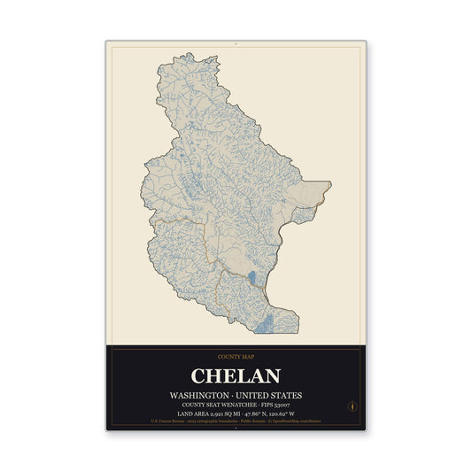 Chelan County, Washington Map Aluminum Sign in Museum Plaque style
