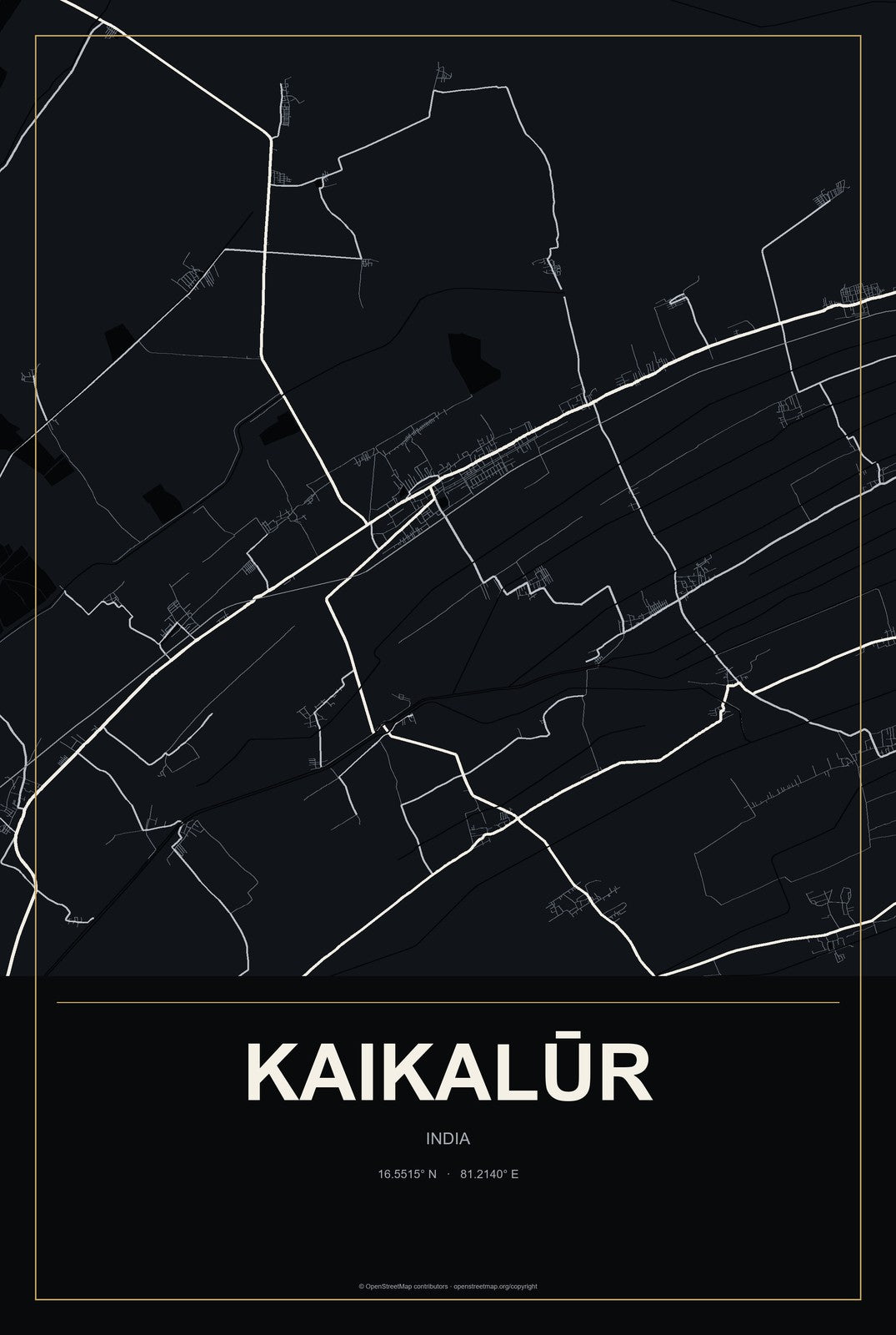 Kaikalūr, India City Map Aluminum Sign in Metropolitan Noir style