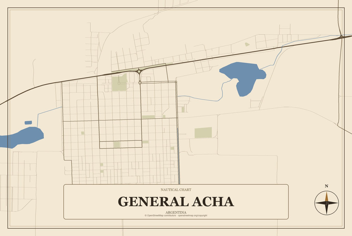 General Acha, Argentina City Map Aluminum Sign in Heritage Nautical style