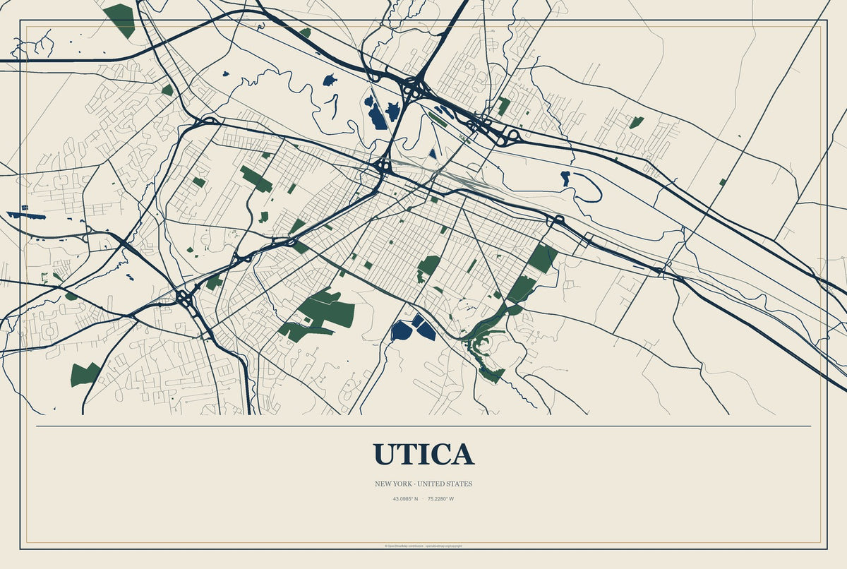 Utica, New York City Map Aluminum Sign in Coastal Cutout style