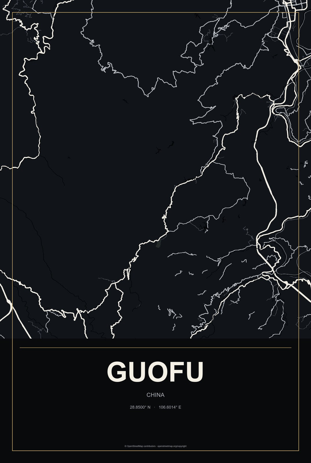 Guofu, China City Map Aluminum Sign in Metropolitan Noir style