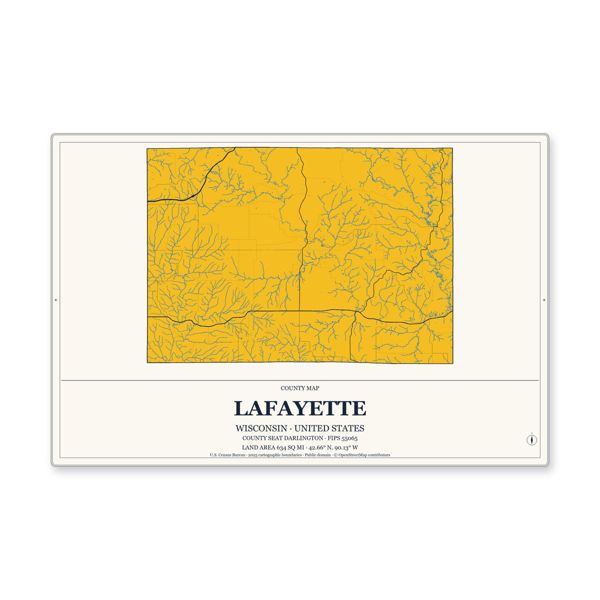 Lafayette County, Wisconsin Map Aluminum Sign in Citrine Modern style