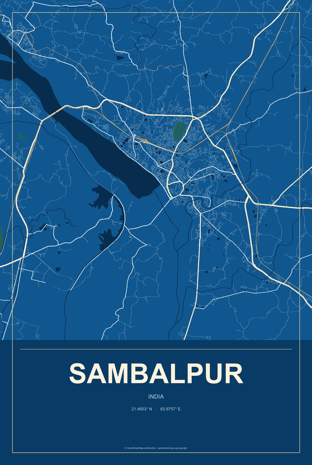 Sambalpur, India City Map Aluminum Sign in Harbor Cobalt style
