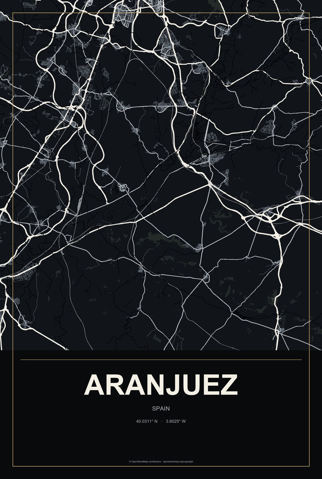 Aranjuez, Spain City Map Aluminum Sign in Metropolitan Noir style
