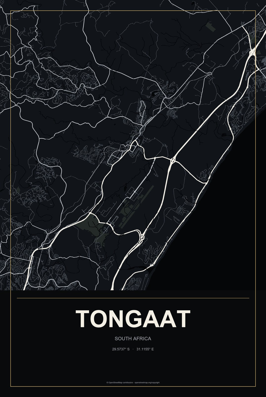 Tongaat, South Africa City Map Aluminum Sign in Metropolitan Noir style