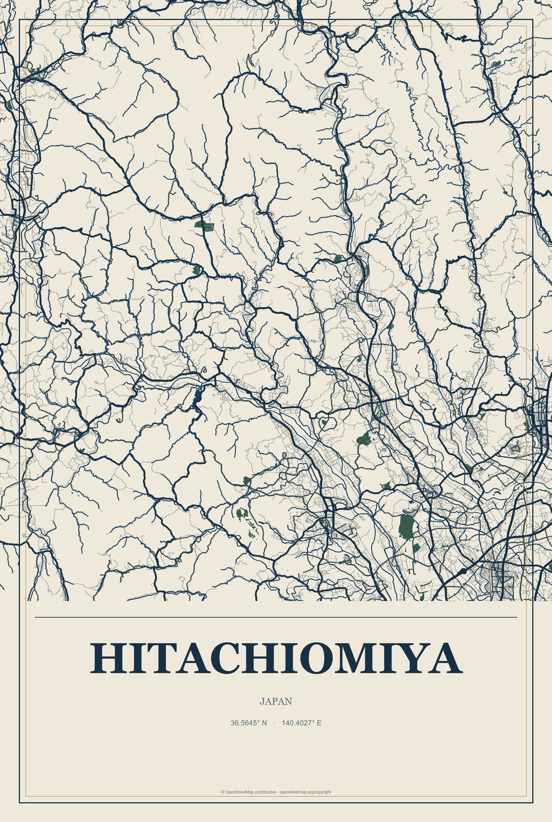 Hitachiomiya, Japan City Map Aluminum Sign in Coastal Cutout style