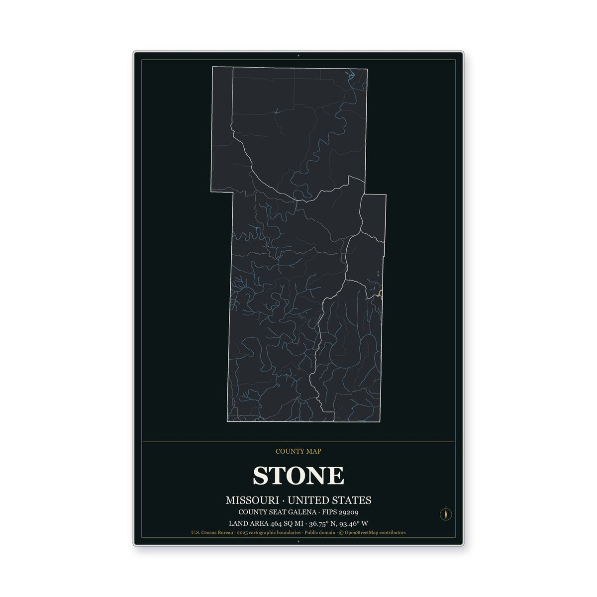 Stone County, Missouri Map Aluminum Sign in Metropolitan Noir style