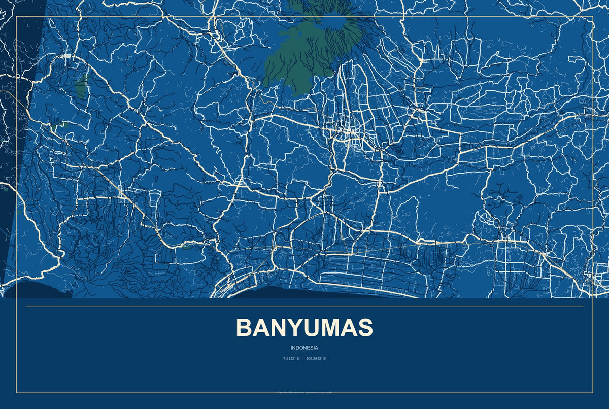 Banyumas, Indonesia City Map Aluminum Sign in Harbor Cobalt style