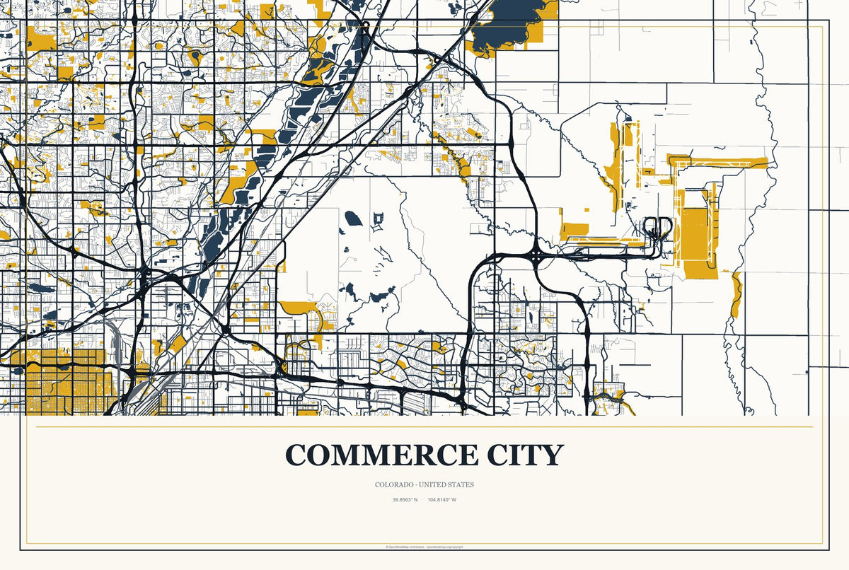 Commerce City, Colorado City Map Aluminum Sign in Citrine Modern style