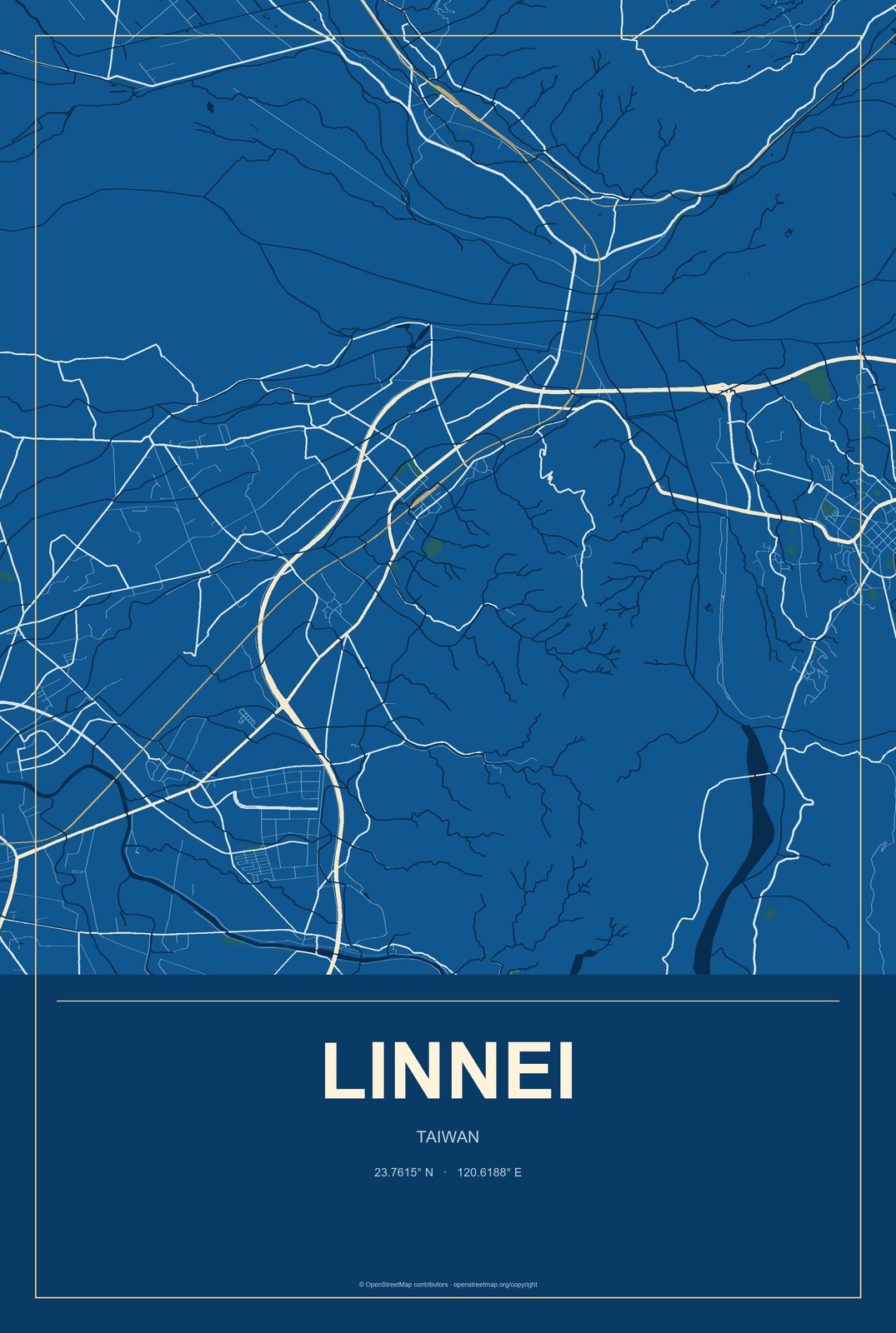 Linnei, Taiwan City Map Aluminum Sign in Harbor Cobalt style