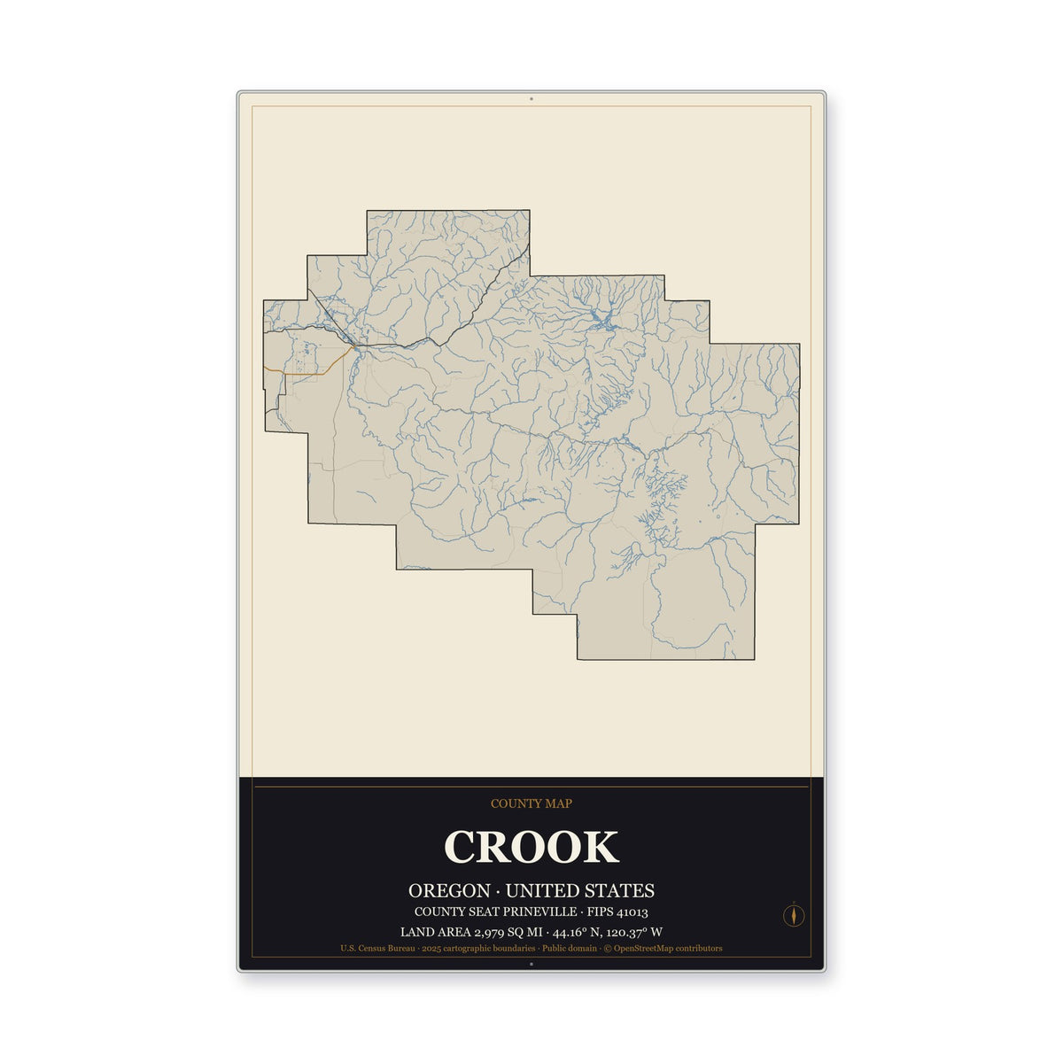Crook County, Oregon Map Aluminum Sign in Museum Plaque style