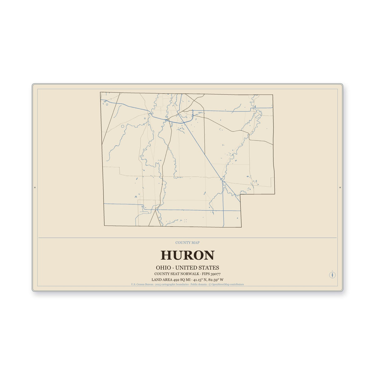 Huron County, Ohio Map Aluminum Sign in Heritage Nautical style