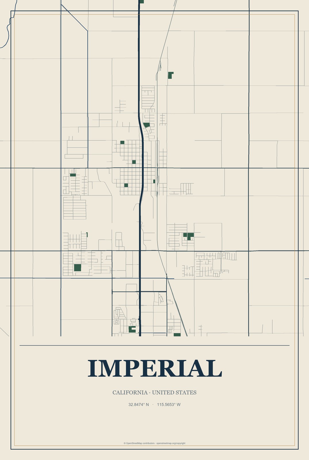 Imperial, California City Map Aluminum Sign in Coastal Cutout style