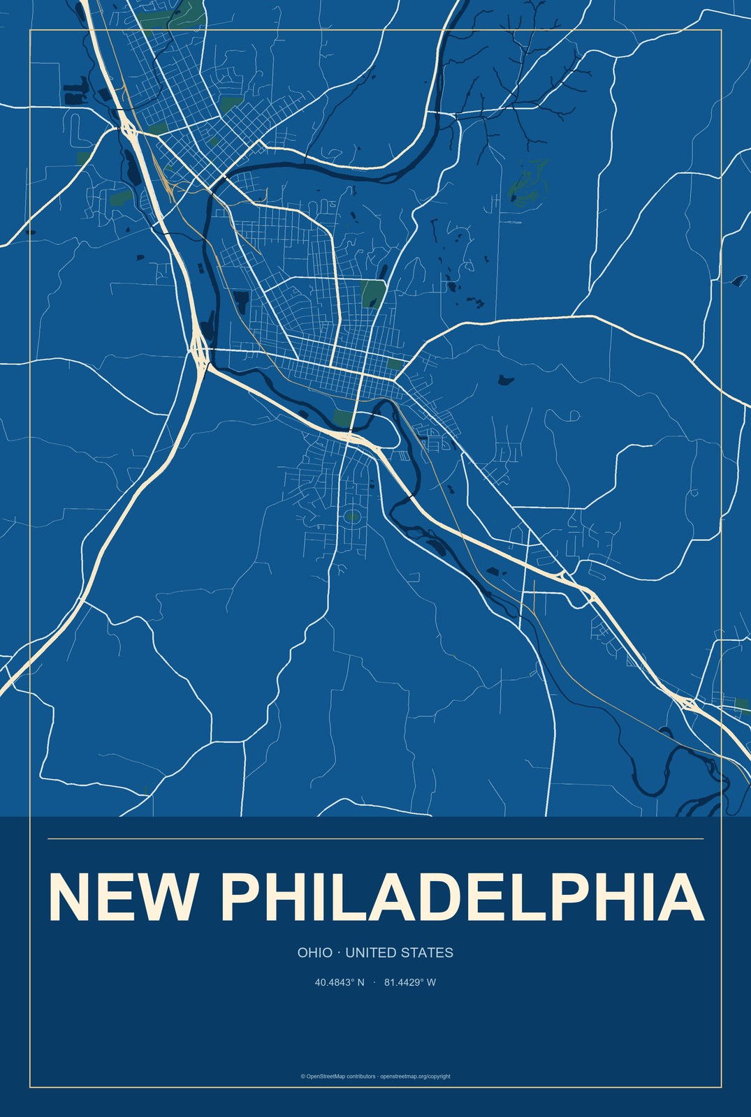 New Philadelphia, Ohio City Map Aluminum Sign in Harbor Cobalt style