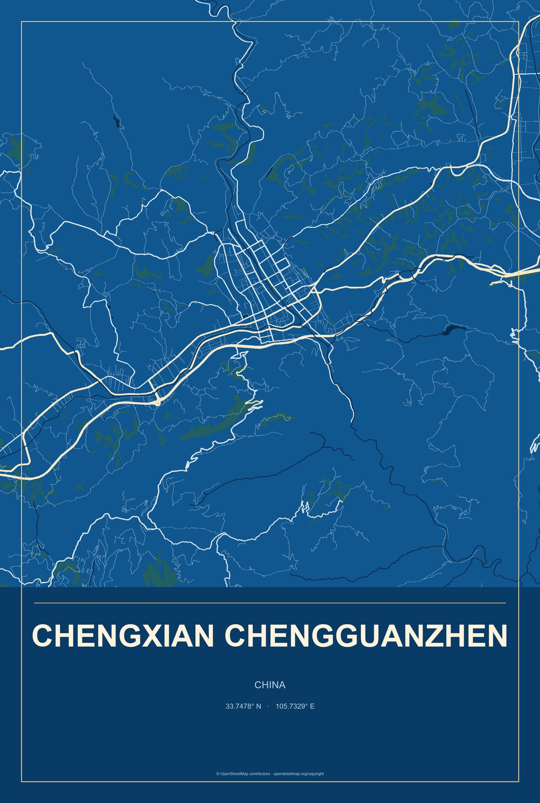 Chengxian Chengguanzhen, China City Map Aluminum Sign in Harbor Cobalt style