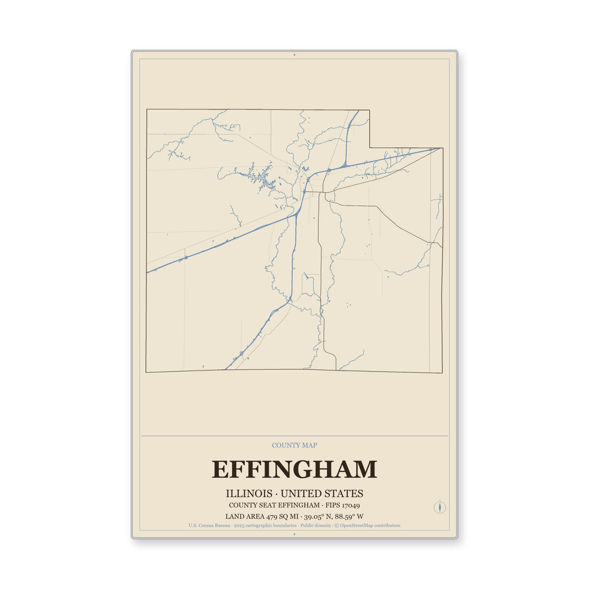 Effingham County, Illinois Map Aluminum Sign in Heritage Nautical style