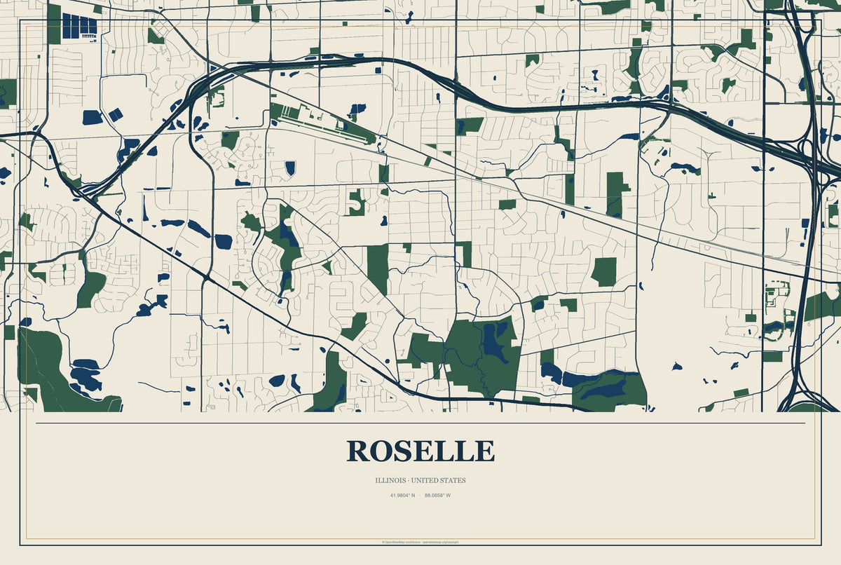 Roselle, Illinois City Map Aluminum Sign in Coastal Cutout style