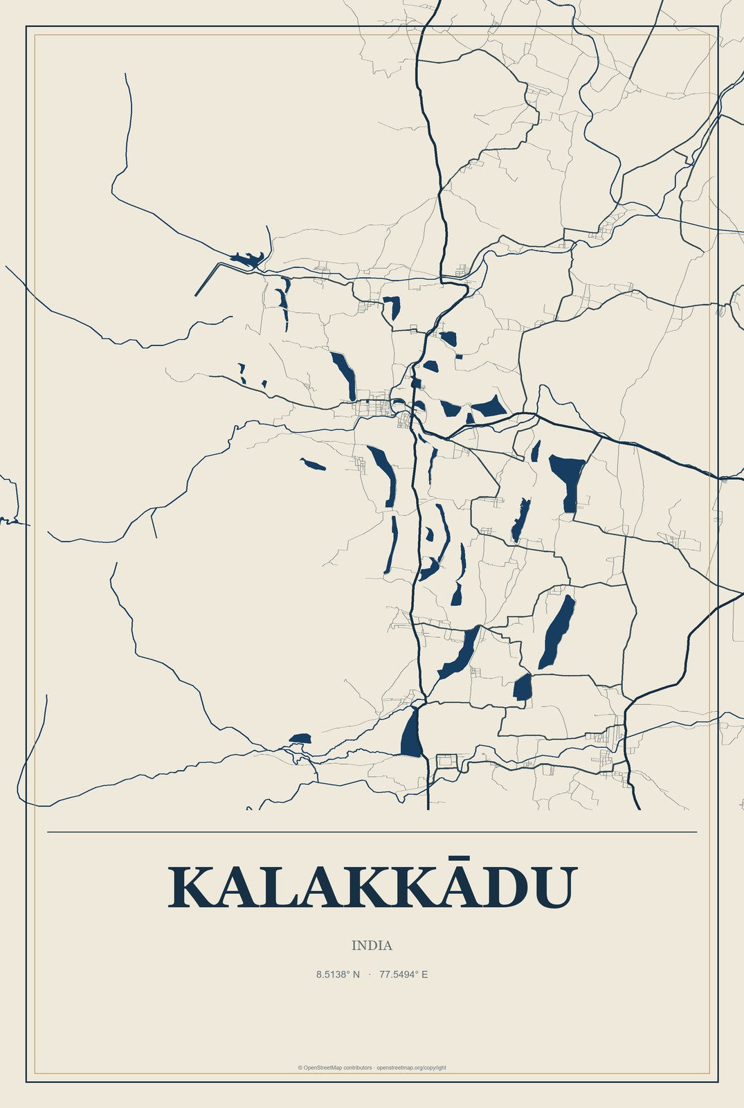 Kalakkādu, India City Map Aluminum Sign in Coastal Cutout style