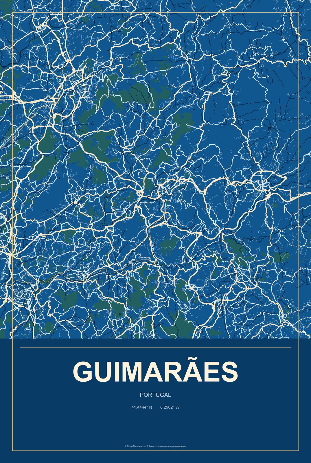 Guimarães, Portugal City Map Aluminum Sign in Harbor Cobalt style