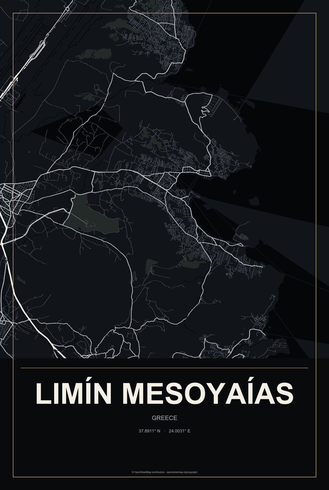 Limín Mesoyaías, Greece City Map Aluminum Sign in Metropolitan Noir style