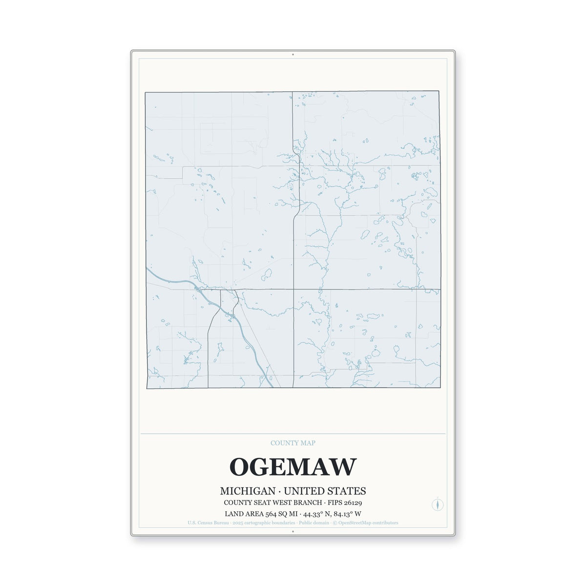Ogemaw County, Michigan Map Aluminum Sign in Gallery Air style