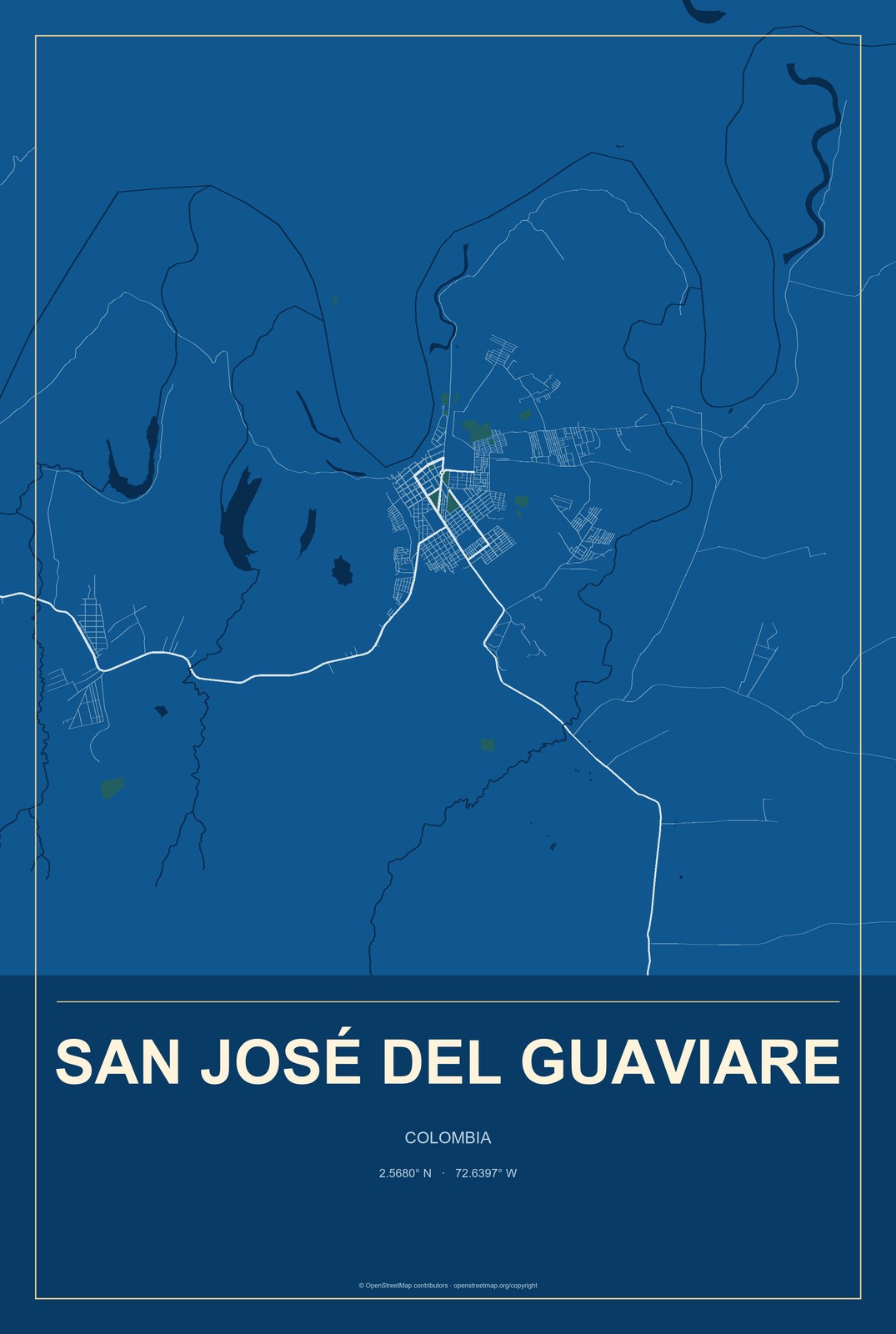 San José del Guaviare, Colombia City Map Aluminum Sign in Harbor Cobalt style