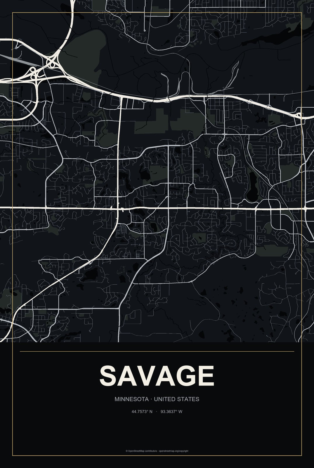 Savage, Minnesota City Map Aluminum Sign in Metropolitan Noir style