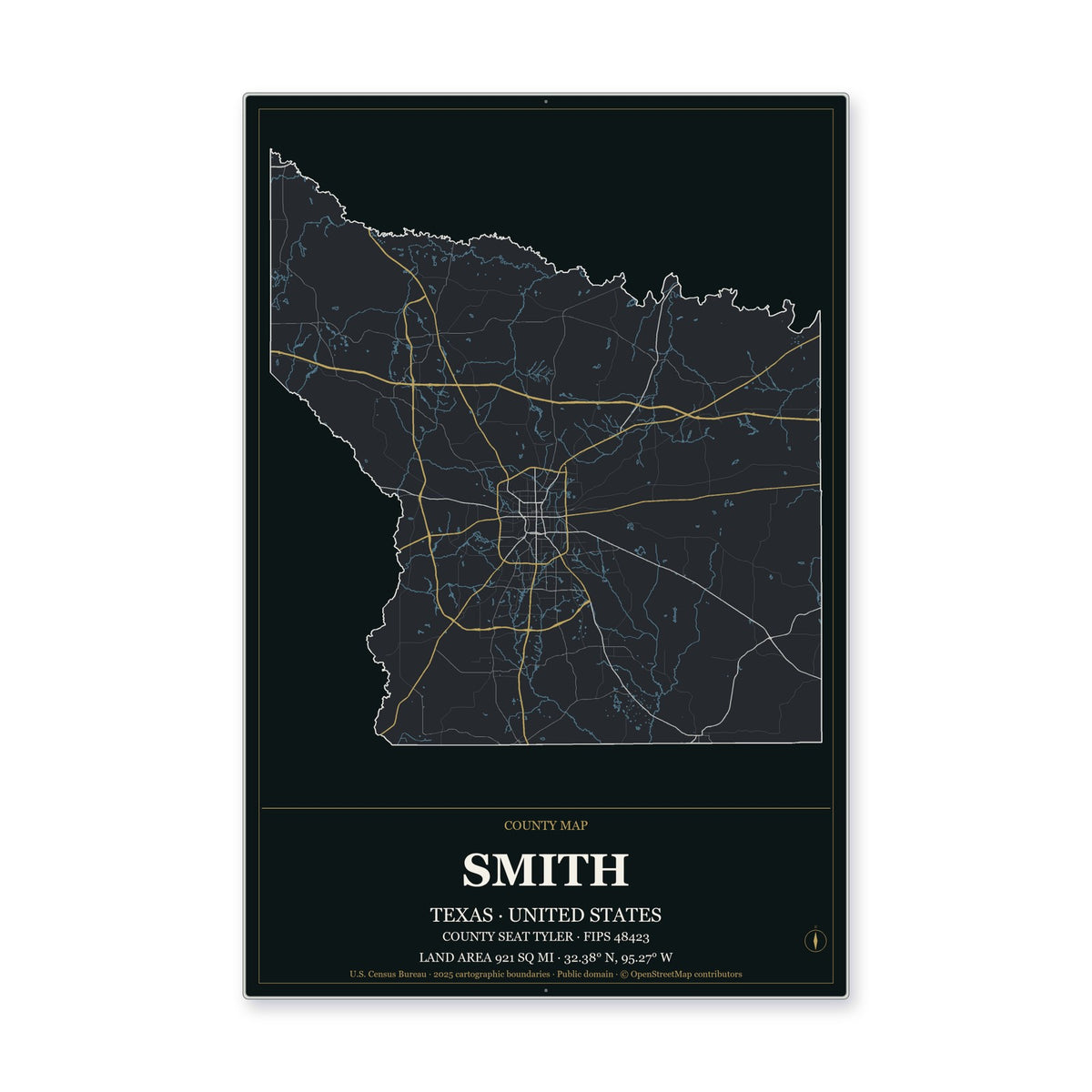 Smith County, Texas Map Aluminum Sign in Metropolitan Noir style