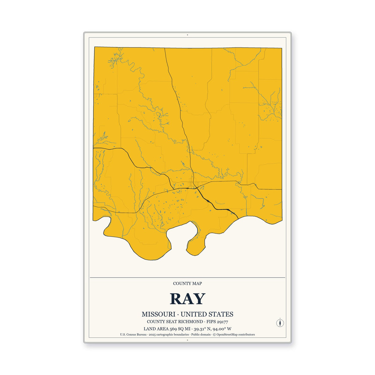 Ray County, Missouri Map Aluminum Sign in Citrine Modern style