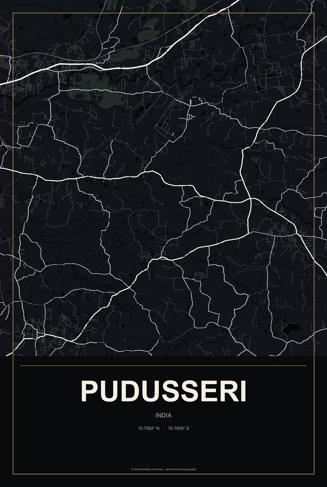 Pudusseri, India City Map Aluminum Sign in Metropolitan Noir style