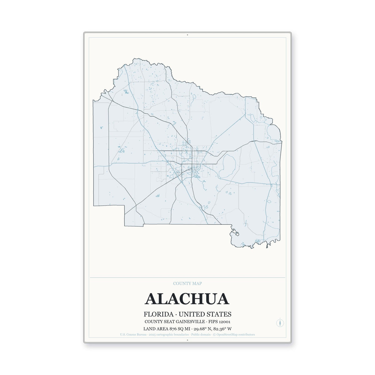 Alachua County, Florida Map Aluminum Sign in Gallery Air style