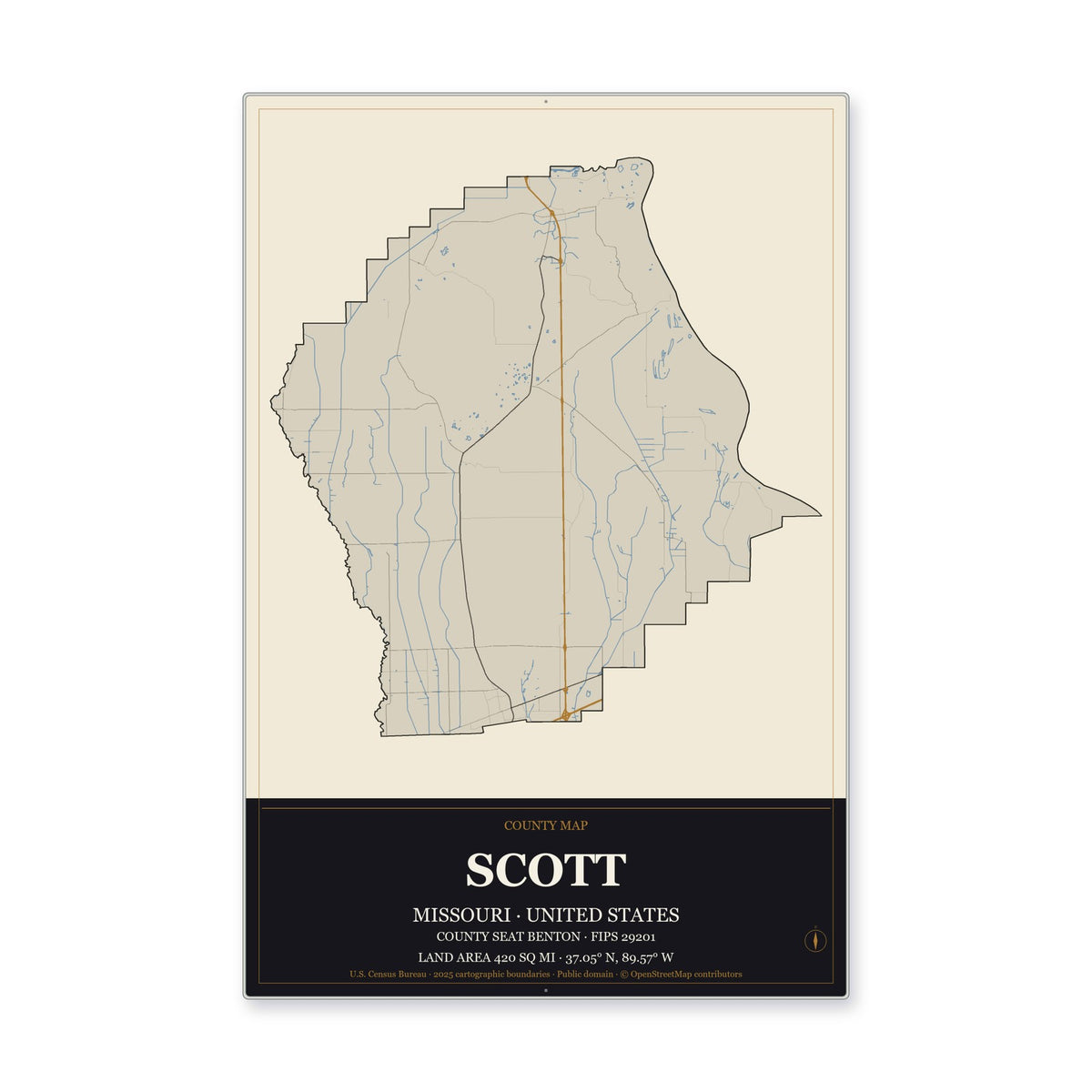 Scott County, Missouri Map Aluminum Sign in Museum Plaque style