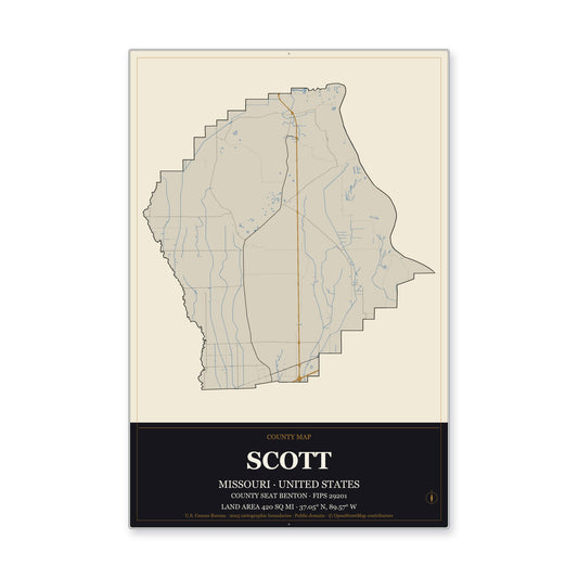 Scott County, Missouri Map Aluminum Sign in Museum Plaque style