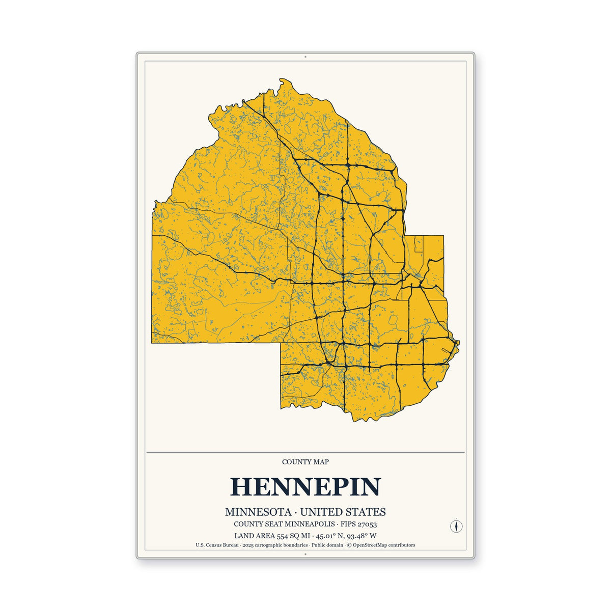 Hennepin County, Minnesota Map Aluminum Sign in Citrine Modern style